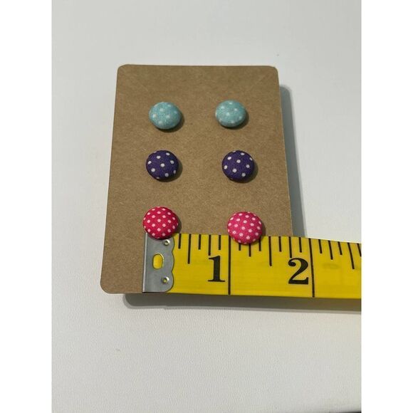 Fabric Covered Button Earrings Stud‎ Set Pink Purple Teal Blue Polka Dots Round - Picture 4 of 5
